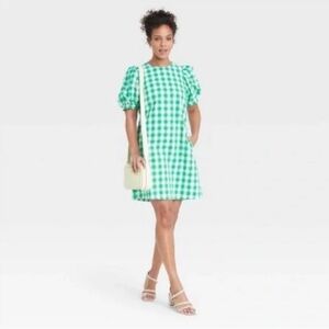 Green and White Gingham Plaid Preppy Style Dress Cotton Midi 2XL